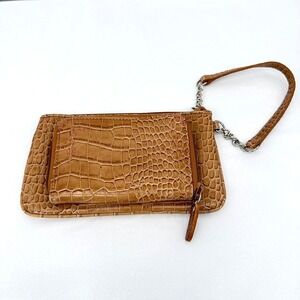 Wristlet Wallet Tan Faux Croc Embossed Double Zip Travel Clutch Small  **READ